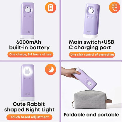 VAVOFO Cute Bunny Desk Lamp, Foldable LED Rechargeable Table Light, Eye-Caring Reading Lamp, 3 Color Modes & Dimmable, for Kids Girls Bedroom Study Dorm Room（Purple）