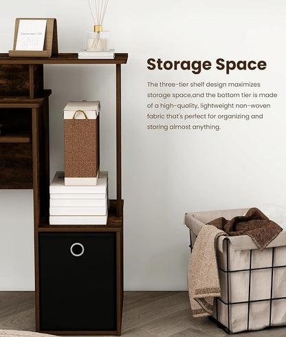 Small Computer Desk with Drawers, Wood Writing Desk with Storage Shelves for Home Office Bedroom Living Room, Walnut/Black