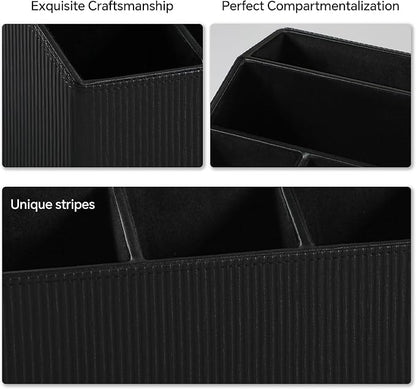 Desk Organizer Caddy with 5 Compartments for Office Art Supplies, PU Leather Nightstand Organizer Pencil Pen Desk Caddy for Home, Desktop TV Remote Control Holder Storage (Striped Black)