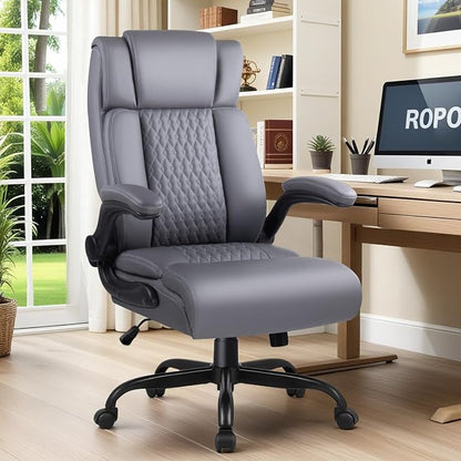 Office Chair, 400LBS Heavy Duty Big and Tall Executive Office Desk Chair with Flip-up Arms, Ergonomic High Back Office Chairs with Lumbar Support, PU Leather, Grey