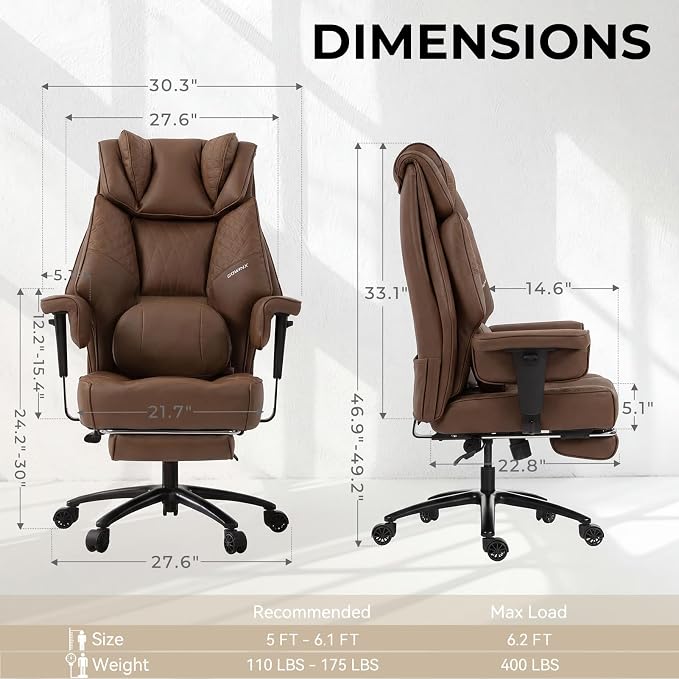Dowinx Big and Tall Office Chair 400 Lbs with Rotating Massage Lumbar Support, Wide Thick Seat Cushion and Adjustable Armrest,Computer Gaming Chairs with Footrest,Brown