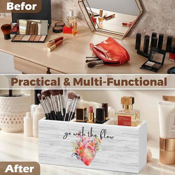 Nurse Office Pencil Pen Holder for Desk Organizer, Nurse Appreciation Gifts, Nursing Week Gifts, Go with the Flow Flower Heart Wooden Box Decorations for Office Desk Tabletop Decor