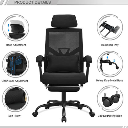 Qulomvs Ergonomic Office Chair with Footrest Home Office Desk Chair with Headrest and Backrest Adjustable Mesh Computer Desk Chair with Wheels 360 Swivel Task Chair