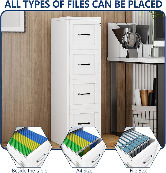 Ckzbx 4 Drawer File Cabinet with Lock, Narrow Vertical Filing Cabinet, Under Desk File Cabinets,White Metal File Cabinets for Home Office,Fit Letter/A4/Legal Size File