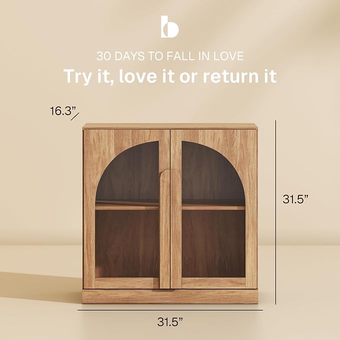 BELLEZE 31.5" Kitchen Storage Cabinet with Adjustable Shelves,Freestanding Accent Cabinet with Fluted Arched Design & Wood Handles,Modern Credenza for Living Room,Dining Room,Entryway - Camel
