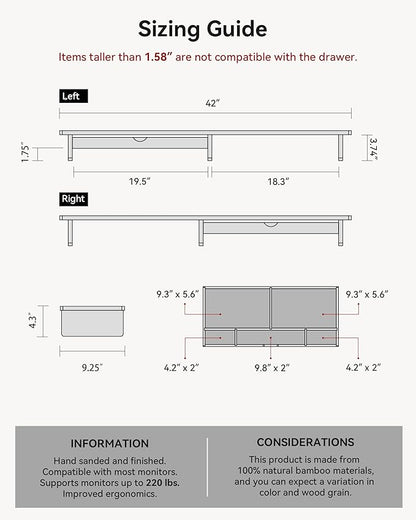 42” Monitor Stand with Large Drawer Keyboard Storage,Dark Bamboo | dual Computer monitor riser shelf for 55-72 inch desk aesthetic workplace computer setup desktop organizer easy assembly