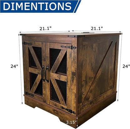 Farmhouse End Table Set with Charging Station Set of 2, Living Room Tables with Hidden Storage, Wood Square Sofa Bedside Tables, Night Stand with Power Outlet and Door, Brown