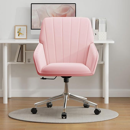 YISHENG Velvet Office Desk Chair with Silver Base, with Wheels,Modern Height Adjustable 360 Degree Swivel Upholstered Vanity Chairs with Arms for Living Room Bedroom,Pink