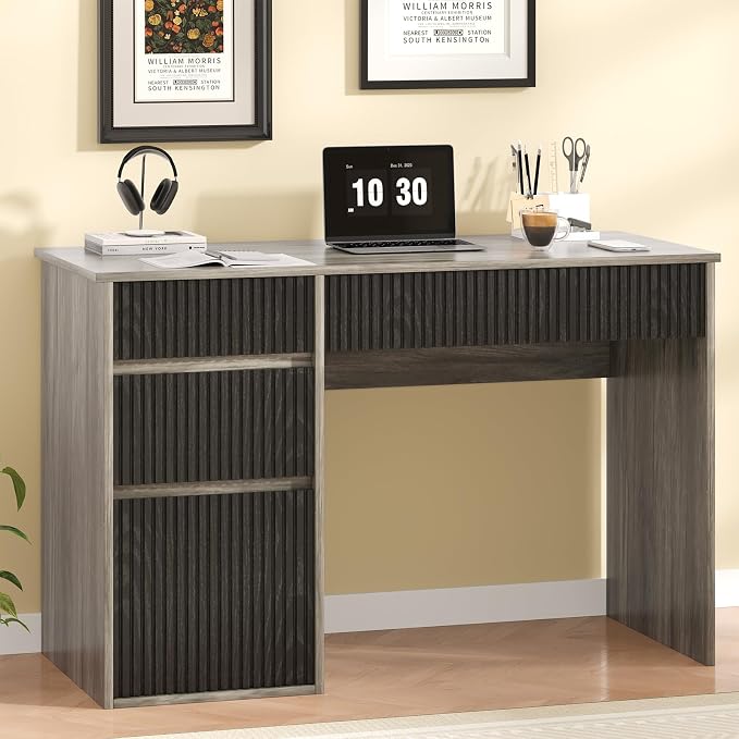 4 EVER WINNER Computer Desk with Drawers, 48 Inch Fluted Small Desk with Storage, Wood Home Office Desk for Study, Living Room, Bedroom, Grey