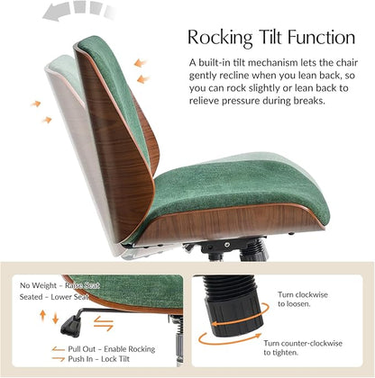 HULALA HOME Fabric Home Office Chair with Bent Wood Design & Rocking Tilt Function, Modern Swivel Desk Chair with Adjustable Height, Comfy Upholstered Armless Computer Task Chair, Forest