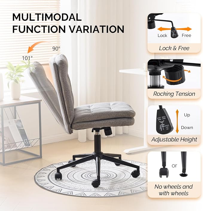 VINGLI Mid Back Armless Office Desk Chair with Wheels/no Wheels,360°Rocking Swivel Vanity Chair with Thickened Cushion,Adjustable Height Rolling for Reading Room, Make up, Linen Dark Grey