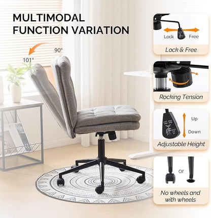 VINGLI Mid Back Armless Office Desk Chair with Wheels/no Wheels,360°Rocking Swivel Vanity Chair with Thickened Cushion,Adjustable Height Rolling for Reading Room, Make up, Linen Dark Grey