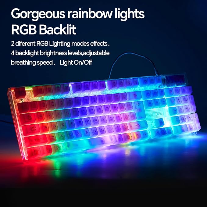 CHONCHOW LED Gaming Keyboad and Mouse Combo, Transparent RGB Rainbow Backlit Keyboard, 104 Keys Anti-ghosting USB Wired Silent Keyboard, 7 Color RGB Gaming Mouse for PC Laptop Xbox PS4 Gamers and Work