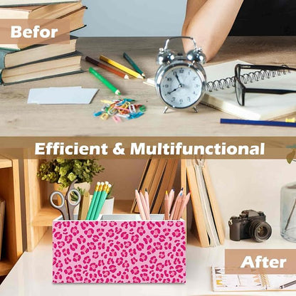 DILSJ Pink Cheetah Print Pen Pencil Holder Organizer for Desk, Cheetah Print Room Decor, Leopard Wooden Box Signs for Women Home Office Desk Tabletop Decoration