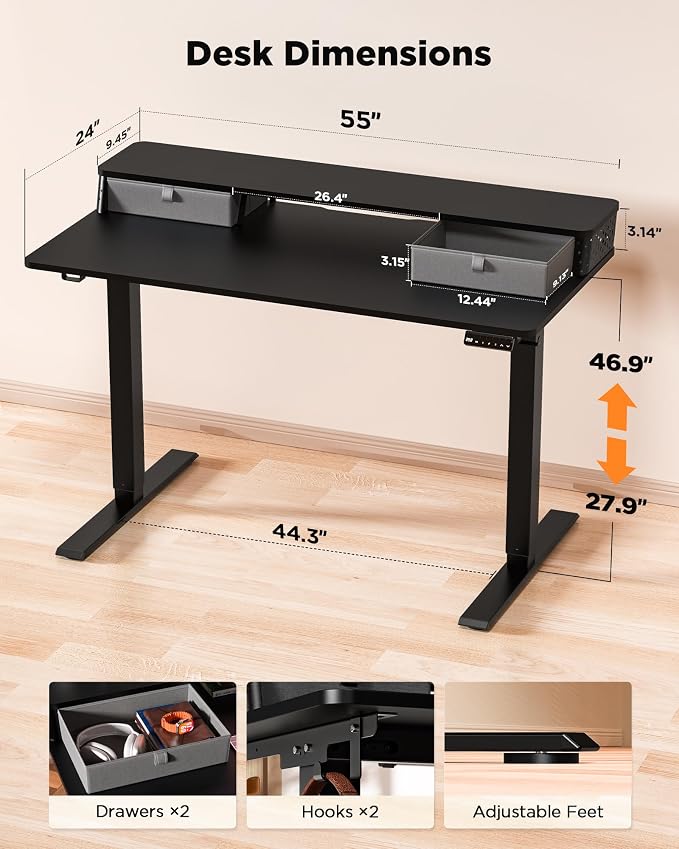 FiCiHi 55x24 Inch Standing Desk with Drawers, C-Clamp Mount Compatible, Electric Adjustable Height Computer Stand Up Desks, Home Office Sit Stand Table with 3 Preset Heights, Black