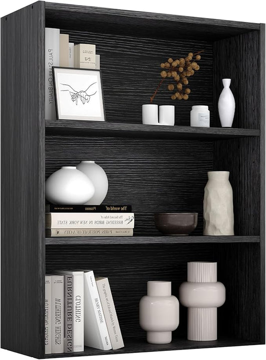 Sweetcrispy Industrial 3 Shelf Bookcase - Large 31.5 Inch Tall Floor Standing Open Bookshelf for Home Office, Living Room, and Bedroom Storage, Classic Black