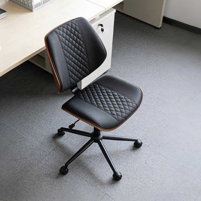 DYHOME Modern Walnut Home Office Chair with Wheels, Executive Office Desk Chair No Arms, Adjustable Height Small Desk Chair, Comfy PU, Deeper Cushion, Mid Back 360 Swivel Computer Chair, Black