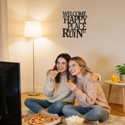 Black Metal Wall Art Funny Bathroom Office Kitchen Bar Garden Living Room Wall Decor for Bedroom Farmhouse Home Decor,Welcome To My Happy Place Don't Ruin It Sign,House Warming Gifts for Women Men