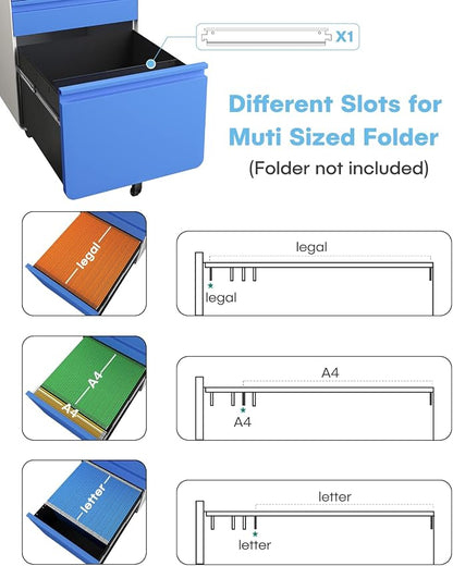 Dripex 3 Drawer Blue File Cabinet, Mobile Under Desk Storage File Cabinet with Lock on Wheels, Letter/Legal Size, Fully Assembled, Small Short Vertical Metal Rolling Filing Cabinets for Home Office