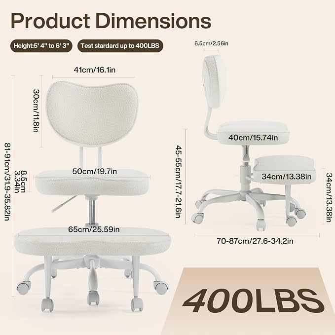 Fizzin Cross Legged Office Chair, Criss Cross Chair with Wheels Height Adjustable Seat for ADHD 360° Swivel Meditation Chair Chic Home Office Furniture (White-New)