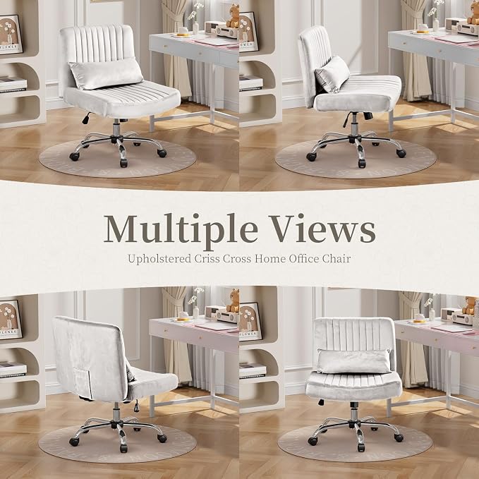 Warmiehomy Velvet Office Chair, Luxury Criss Cross Chair with Wheels, Comfy Cross Legged Desk Chair for Home Office, Stylish Vanity Chair, Wide Seat Computer Chair, Best Gift for Girls, Pure White