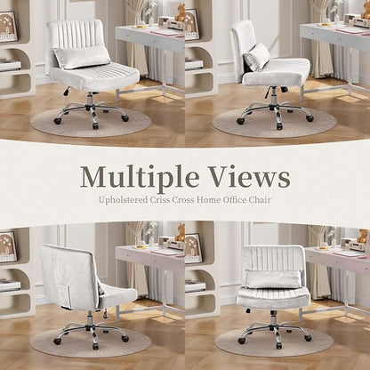 Warmiehomy Velvet Office Chair, Luxury Criss Cross Chair with Wheels, Comfy Cross Legged Desk Chair for Home Office, Stylish Vanity Chair, Wide Seat Computer Chair, Best Gift for Girls, Pure White
