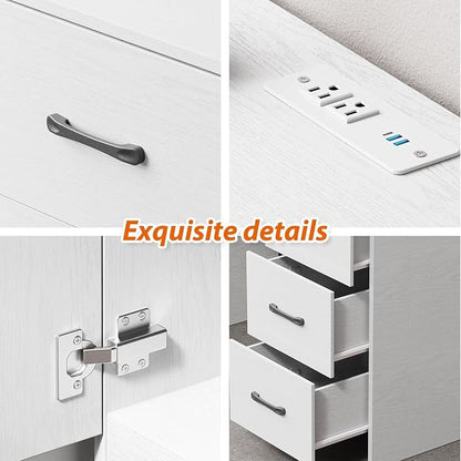 53 Inch Large Computer Desk, Office Desk with Power Outlets & USB Charging Port, Study Writing Table with Three Storage Drawers and one wooden Door, Laptop PC Desk for Bedroom, Study Room, Office