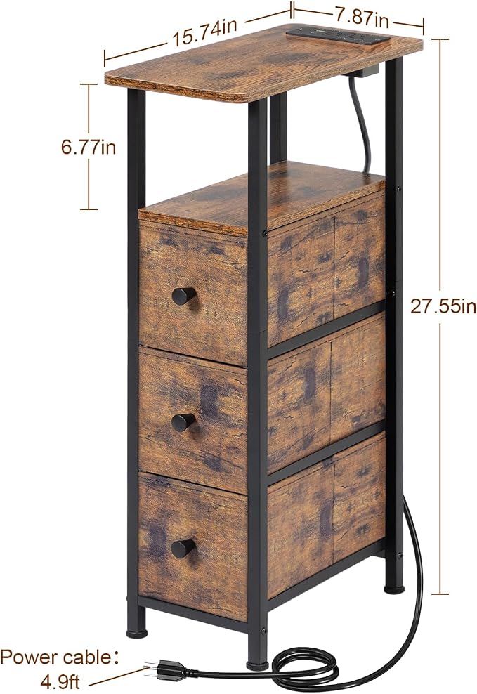 LOAKEKEL Narrow End Tables Living Room Set of 2 with Charging Station, Skinny Side Table with Fabric Drawers, Slim Nightstand for Bedroom, Small Spaces, Couch, Rustic Brown, HETNDP03PBR