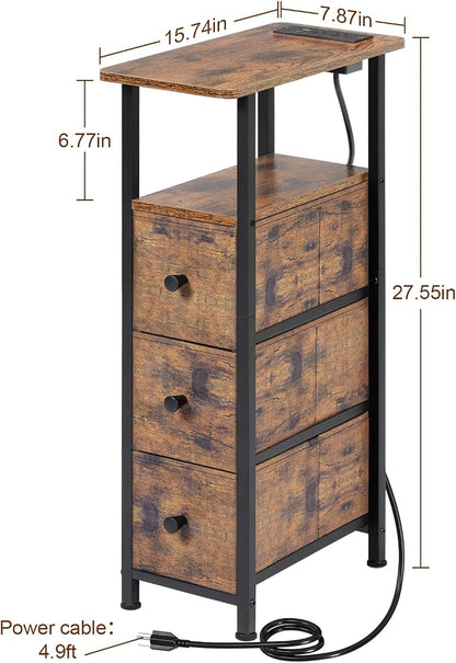 LOAKEKEL Narrow End Tables Living Room Set of 2 with Charging Station, Skinny Side Table with Fabric Drawers, Slim Nightstand for Bedroom, Small Spaces, Couch, Rustic Brown, HETNDP03PBR