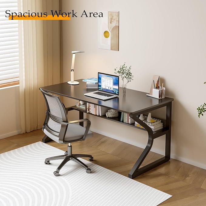 OSCHF Office Desk with Storage Shelf - 47.3" Long Writing Table for Single-Person Workstation, Modern Study Gaming Computer Desk, Black