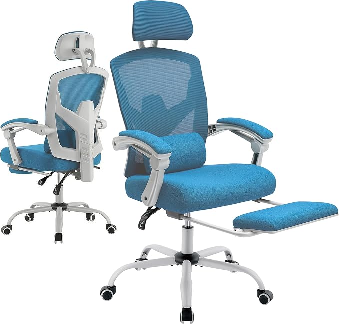 Ergonomic Desk Chair, High Back Office Chair with Wheels and Arms, Computer Chair with Footrest, Swivel Reclining Gaming Chair with Headrest, Comfy Armrest for Home, Office, Work, Study, Blue