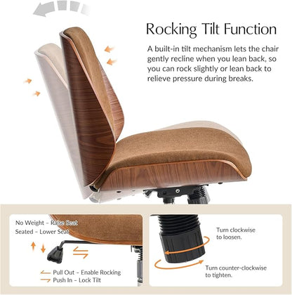 HULALA HOME Fabric Home Office Chair with Bent Wood Design & Rocking Tilt Function, Modern Swivel Desk Chair with Adjustable Height, Comfy Upholstered Armless Computer Task Chair, Caramel