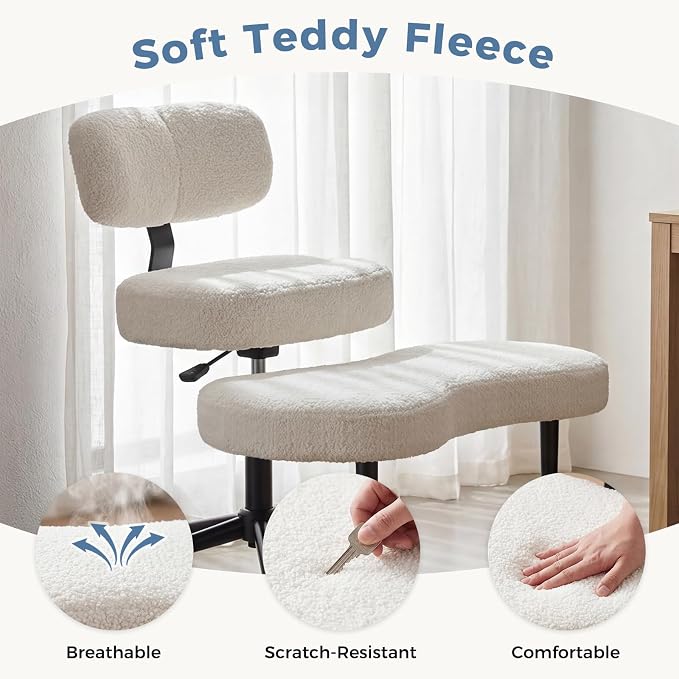 DUMOS Ergonomic ADHD Meditation Office Desk Chair with Adjustable Backrest, Cross Legged Chair Height Adjustable with 360° Swivel Footstool, Yoga Stool for Home Office, Teddy Fabric White