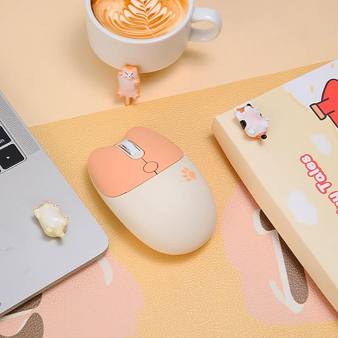 Cute Cat 2.4G USB Wireless Keyboard and Mouse Combo, Silent Keys, Candy Colors, Compatible with Notebook, PC (MilkTea-84Keys)