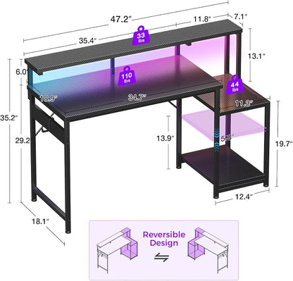 AODK 48 Inch Gaming Desk with LED Lights, Computer Desk with Storage Shelves, Reversible Desk with Monitor Stand, Carbon Fiber Black