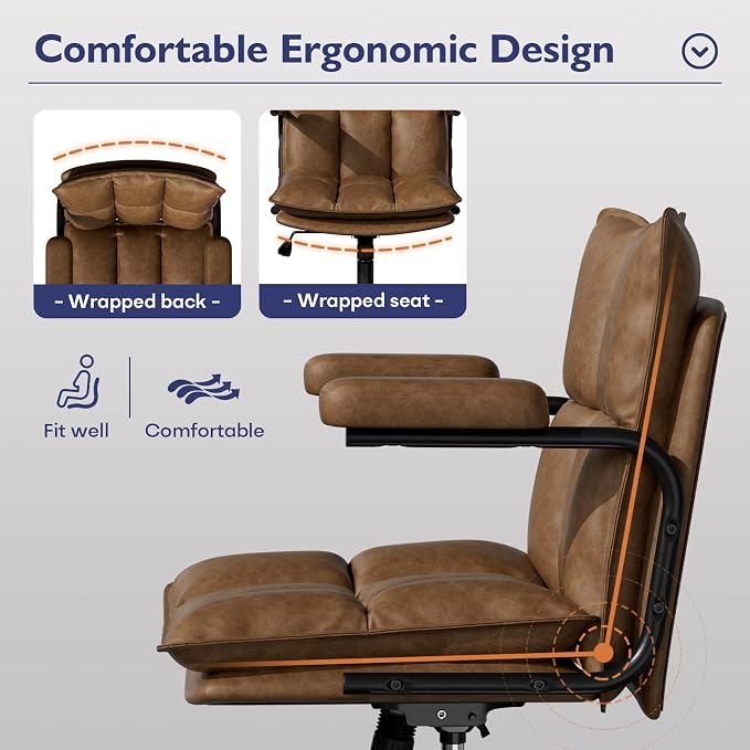 Ollega Mid Century Modern Desk Chair, Vintage Leather Office Chair, Brown | Petite Computer Chair for Small to Medium Women, Thickened Back, Cozy Seat, Adjustable Height for Home