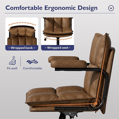 Ollega Mid Century Modern Desk Chair, Vintage Leather Office Chair, Brown | Petite Computer Chair for Small to Medium Women, Thickened Back, Cozy Seat, Adjustable Height for Home