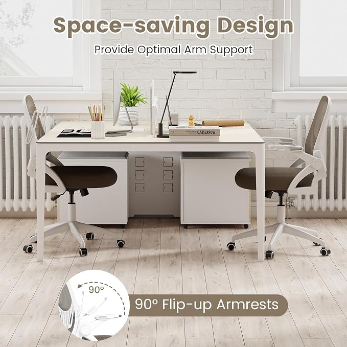 COSTWAY Office Chair, Comfy Swivel Rolling Desk Chair with Adjustable Height & Flip-Up Armrests, Ergonomic Mesh Computer Chairs with Lumbar Support for Working & Gaming (Grey)