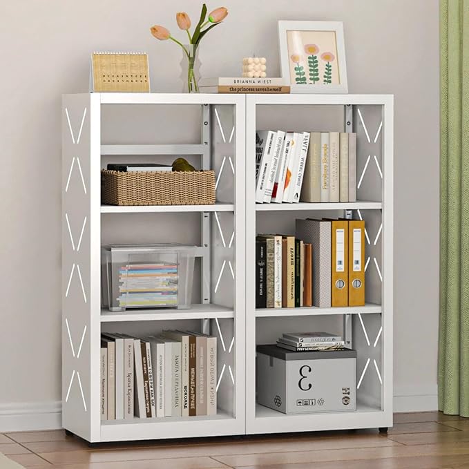UNICOLY Bookshelves and Bookcases, 3 Tier Metal Bookshelf with Adjustable Shelves and Bookends, Open Shelf Bookcase, Display Shelves for Home Decor Bedroom, Living Room, Home Office, White
