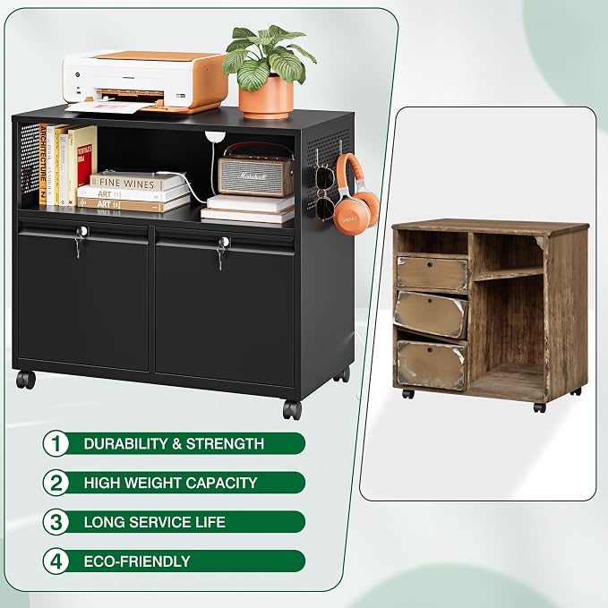 Metal File Cabinet,2 Drawer Filing Cabinet with Lock,Rolling Printer Stand Storage Cabinets with Shelves for Home Office Letter/Legal/A4 Size Files(Black)