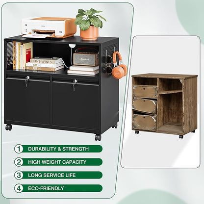 Metal File Cabinet,2 Drawer Filing Cabinet with Lock,Rolling Printer Stand Storage Cabinets with Shelves for Home Office Letter/Legal/A4 Size Files(Black)