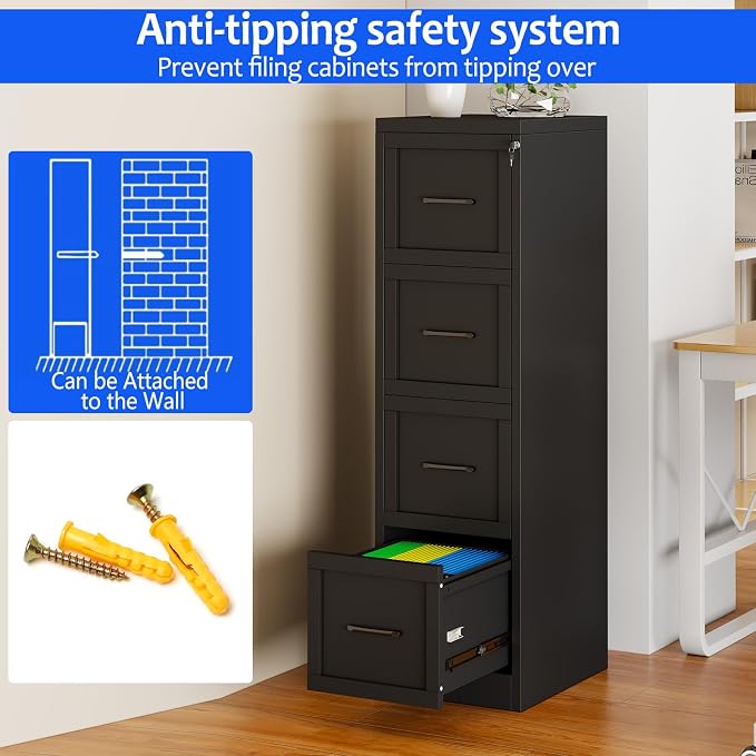 Small Metal 4-Drawer File Cabinet, Under-Desk Filing Cabinet, Black | Locking, Adjustable Hanging Rail, Fit A4, FC, Letter, Hanging File Folders for Home Office Storage Organization, 2PS