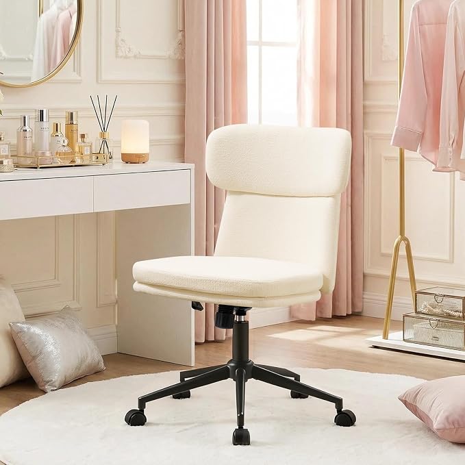 Furniliving Armless Office Chair, Upholstered Chenille Desk Chair with Wheels, Adjustable Swivel Computer Vanity Chair with Double-Layer Cushion, Beige