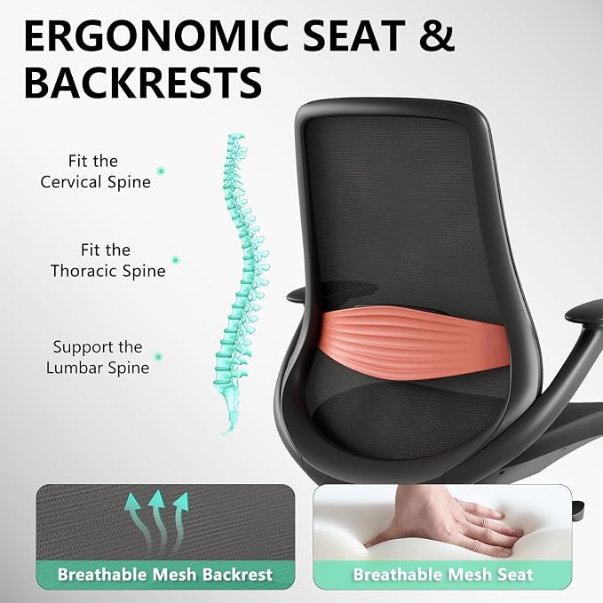 Ergonomic Office Chair, High-Back Mesh Executive Chair with Lumbar Support & 360° Adjustable Arms, Reclining Desk Chair with Tilt Lock for Home Office, Gaming, and Work, 300lb Capacity (Black)