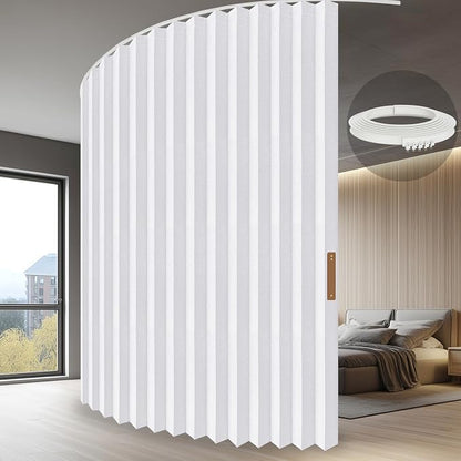 JILRON Hanging Accordion Room Divider with Track System - Ceiling-Mounted Partition Curtain, Simple Installation(White 100" W x 84" L-Pack of 1)