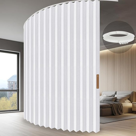 JILRON Hanging Accordion Room Divider with Track System - Ceiling-Mounted Partition Curtain, Simple Installation(White 100" W x 84" L-Pack of 1)