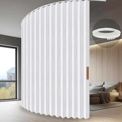 JILRON Hanging Accordion Room Divider with Track System - Ceiling-Mounted Partition Curtain, Simple Installation(White 100" W x 108" L-Pack of 1)