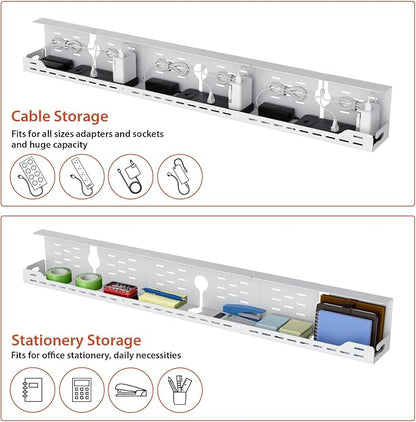 Univivi Under Desk Cable Management Tray - 48" Steel Cord Organizer, No-Drill C-Clamp & Screw Mount for Office/Home, Effortless Wire Management (White)
