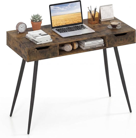 Giantex Mid Century Modern Computer Desk with Drawers, 42.5" Writing Desk with Open Storage Cubby, Vanity Table with Metal Leg, Compact Wooden Study Table for Small Spaces Home Office (Rustic Brown)