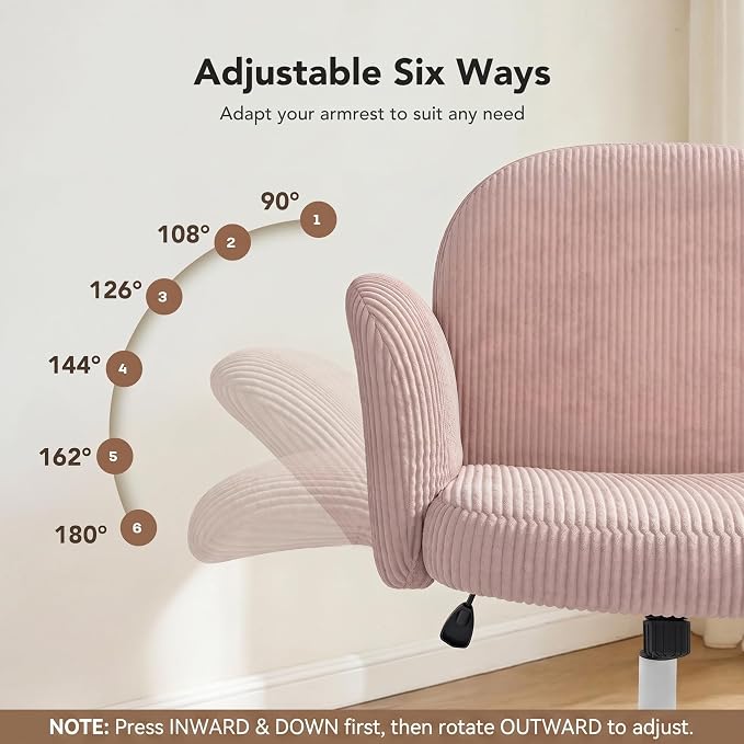 HUANUO Criss Cross Office Chair for Women, Cross Legged Desk Chair with Adjustable Armrests, Soft Corduroy Fabric for Small Spaces, Petite Home Office Computer Chair for Girls, Pink